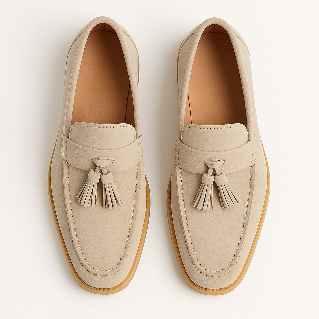 Men’s beige suede tassel loafers
