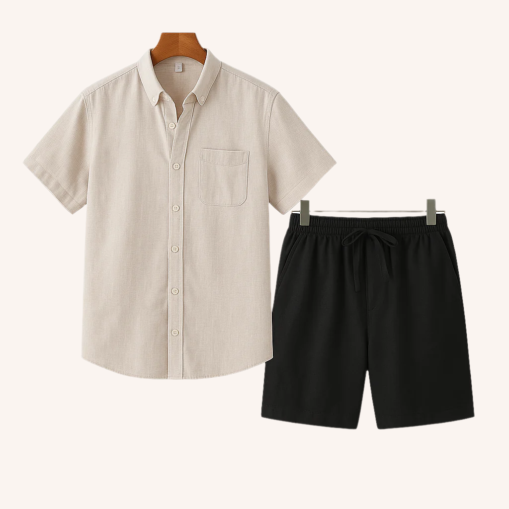 Men's short-sleeve button-up shirt with short set