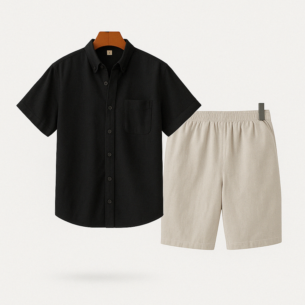 Men's short-sleeve button-up shirt with short set
