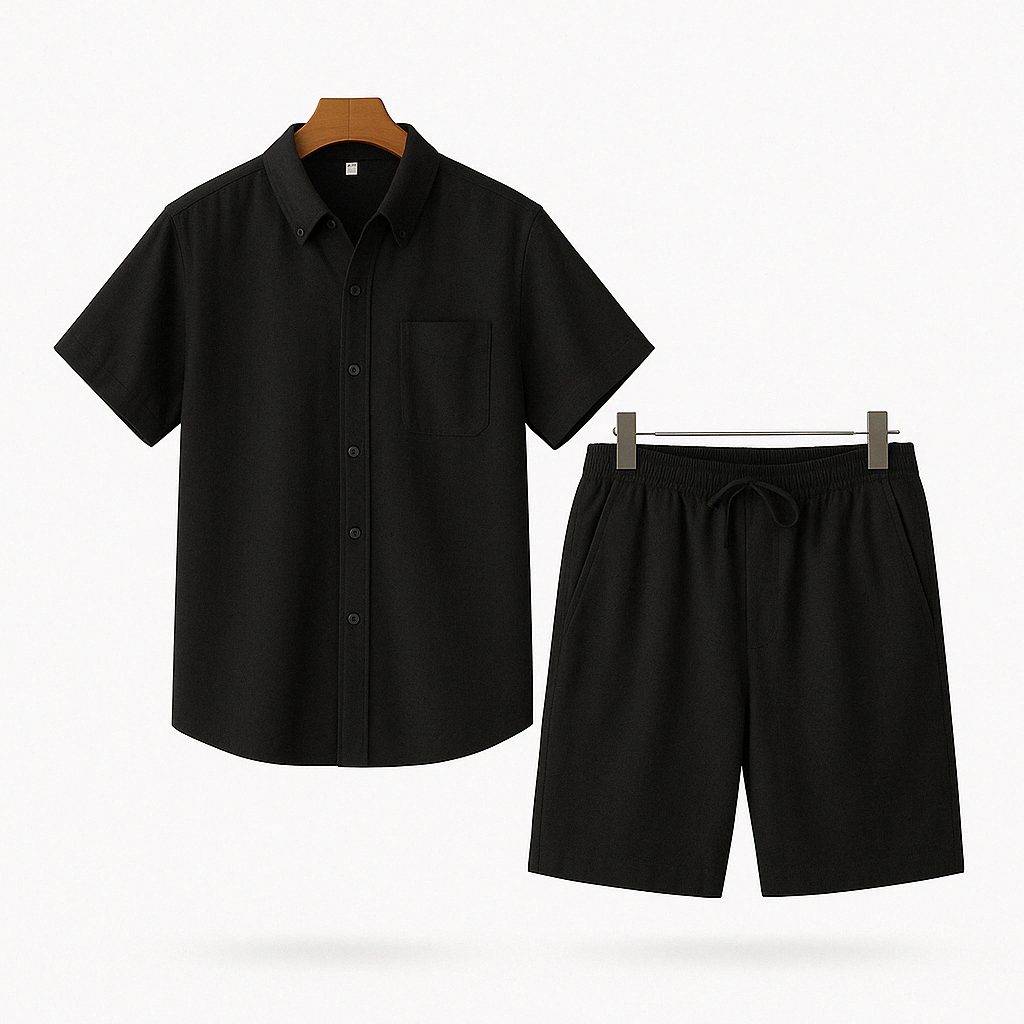 Men's short-sleeve button-up shirt with short set
