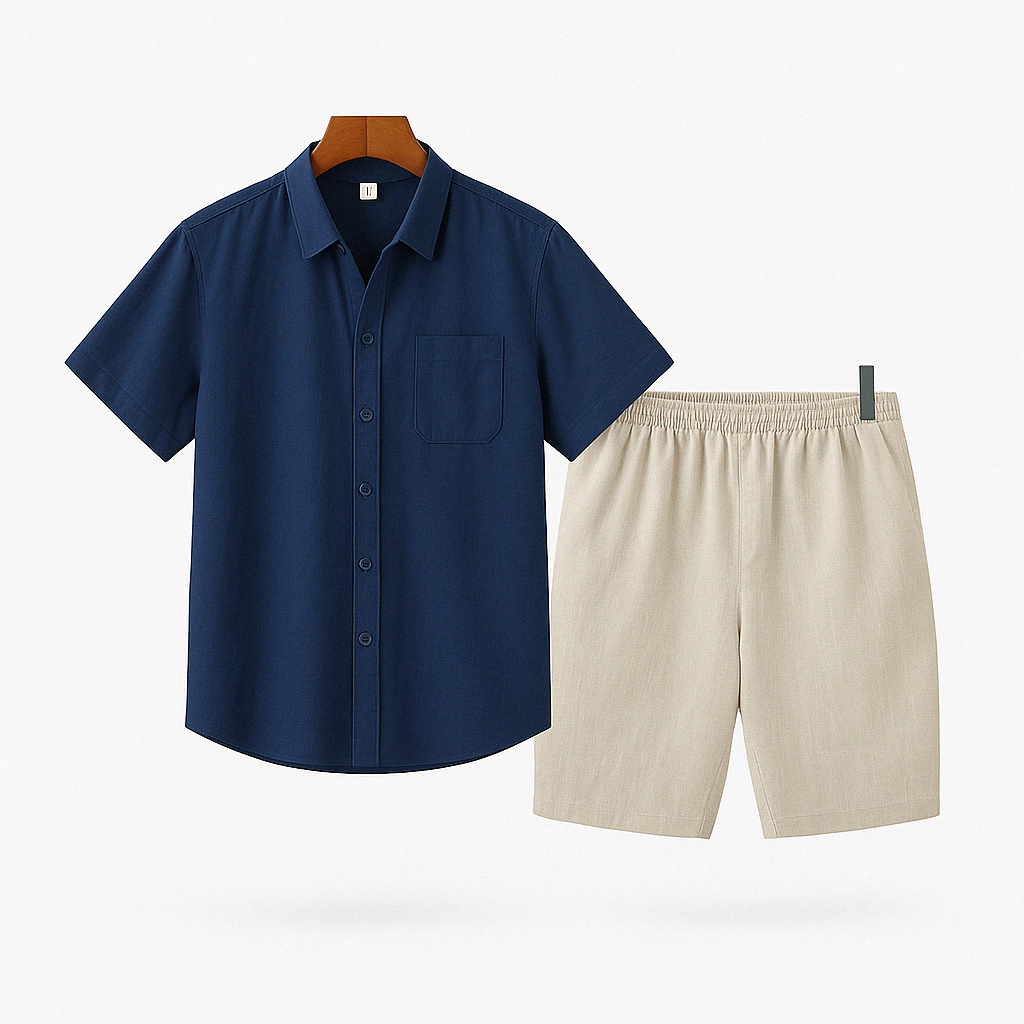 Men's short-sleeve button-up shirt with short set