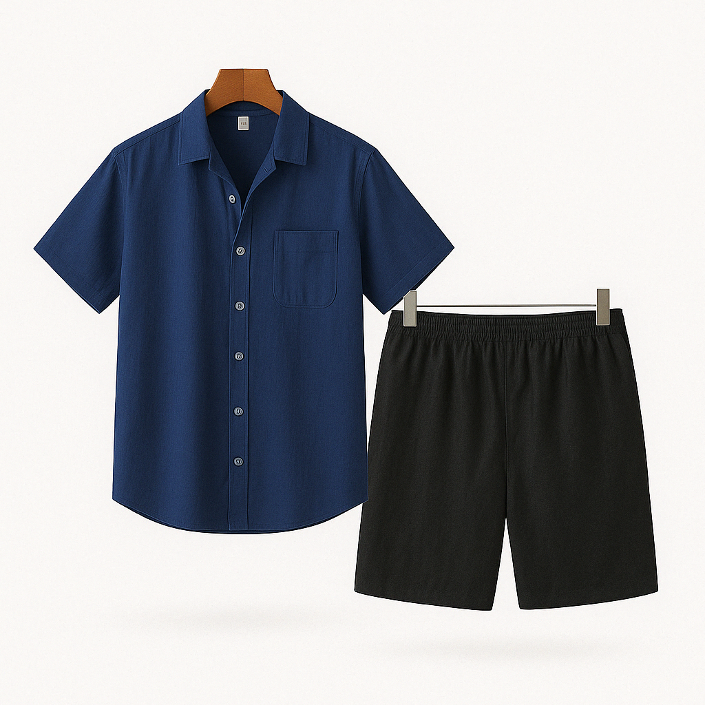 Men's short-sleeve button-up shirt with short set