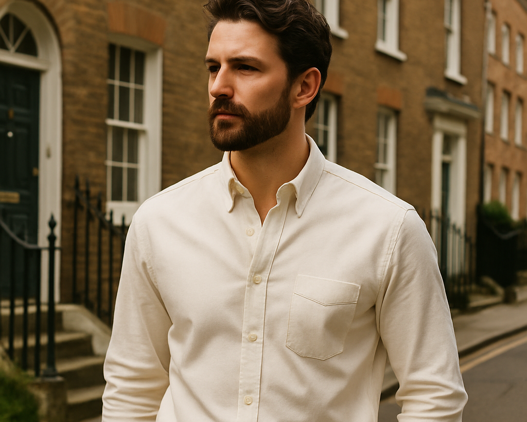 Man wearing a white shirt and dark pants standing on a street with brick buildings.