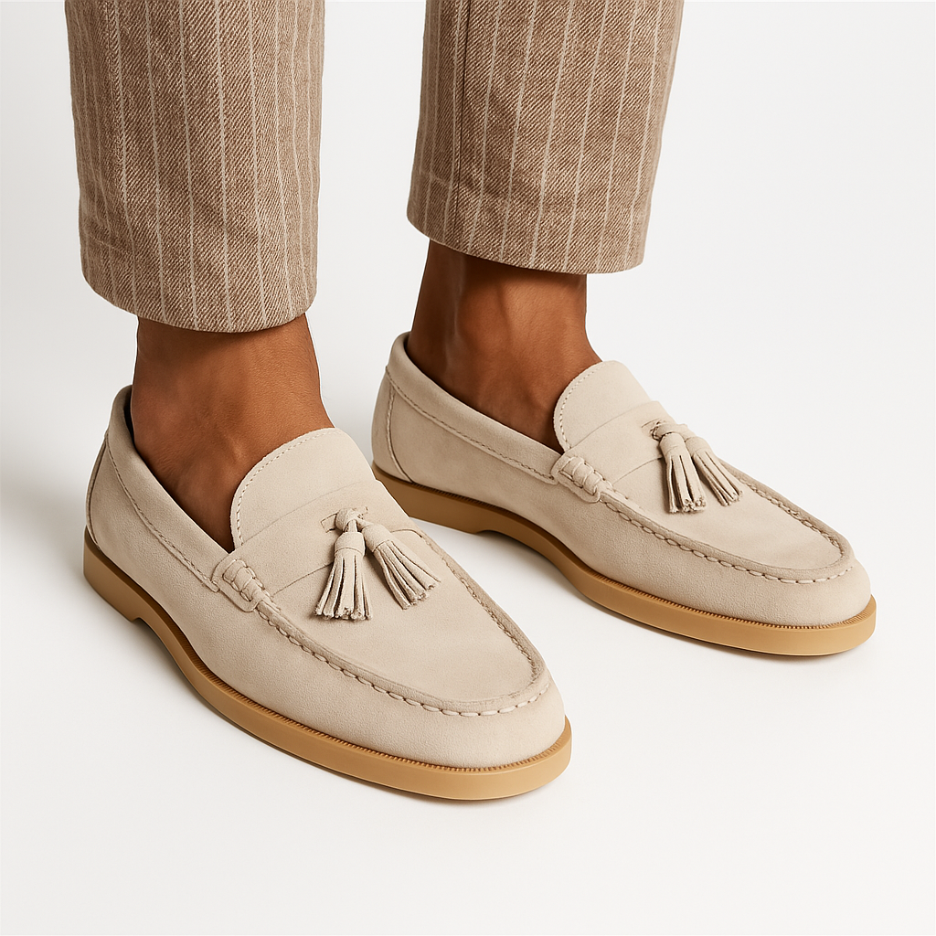 Men’s beige suede tassel loafers