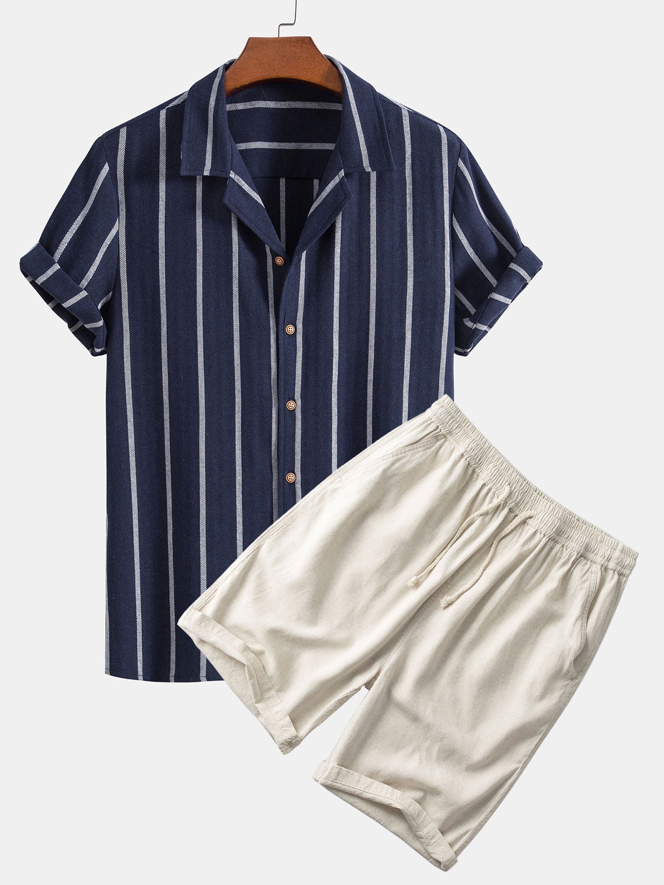 Men's summer co-ord set - striped short sleeve shirts & casual shorts