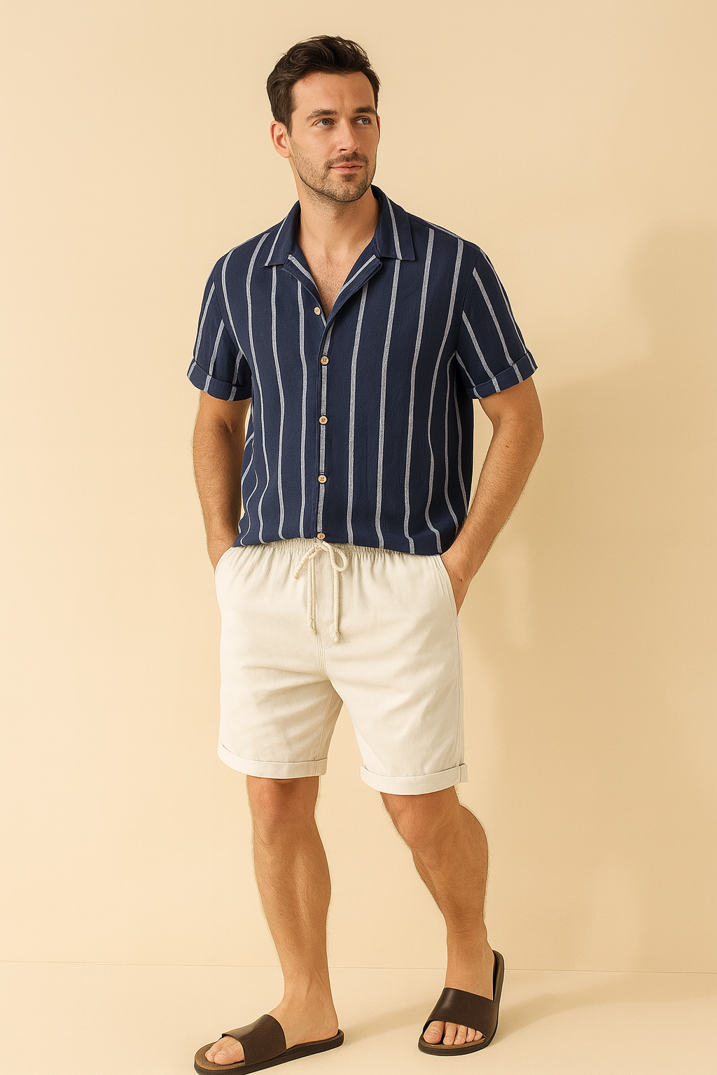 Men's summer co-ord set - striped short sleeve shirts & casual shorts