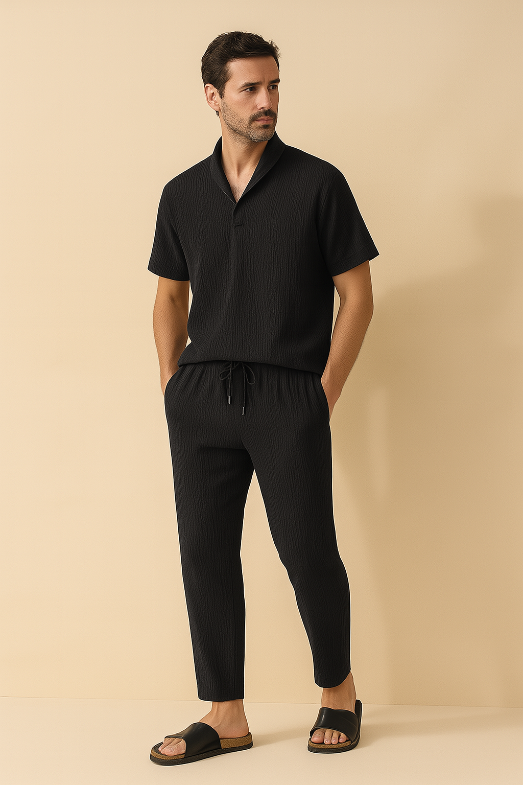 Men's summer set - short sleeve shirt & pants with drawstring waist