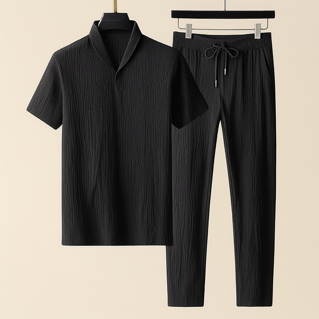 Men's summer set - short sleeve shirt & pants with drawstring waist