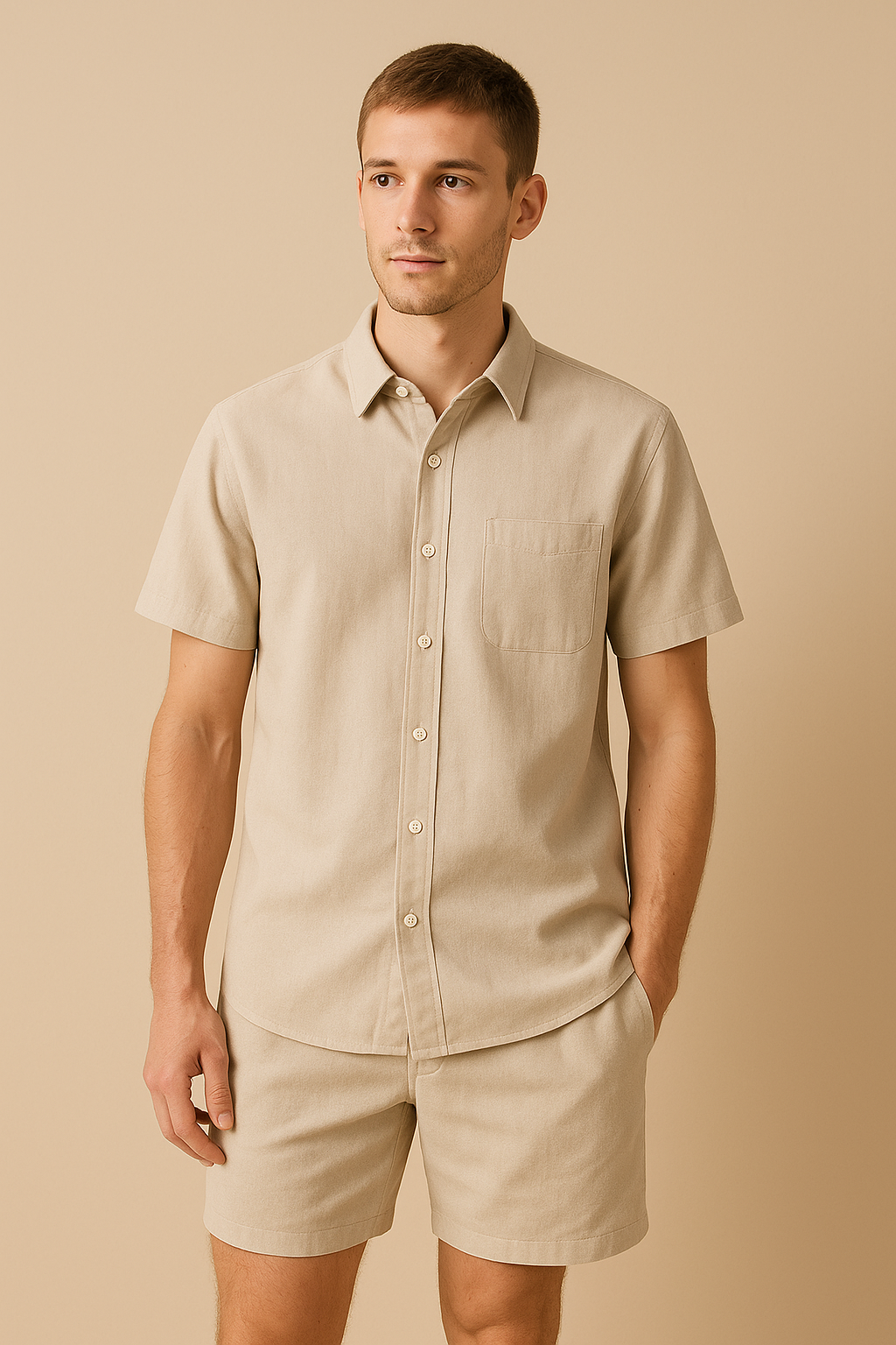 Men's short-sleeve button-up shirt with short set