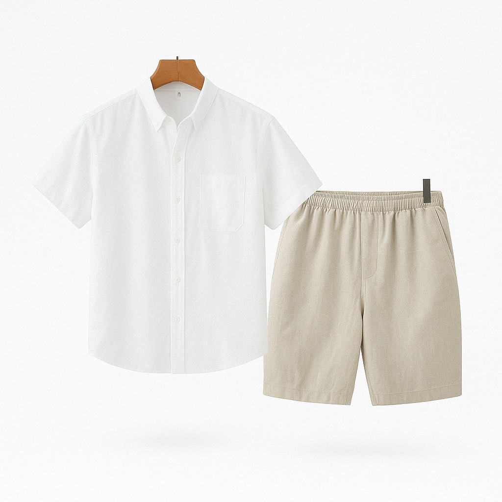 Men's short-sleeve button-up shirt with short set
