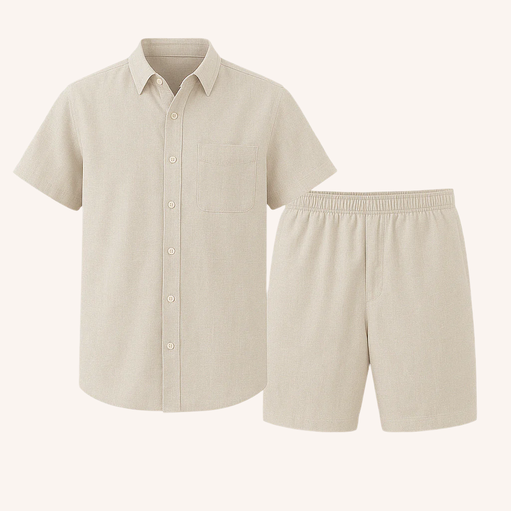 Men's short-sleeve button-up shirt with short set